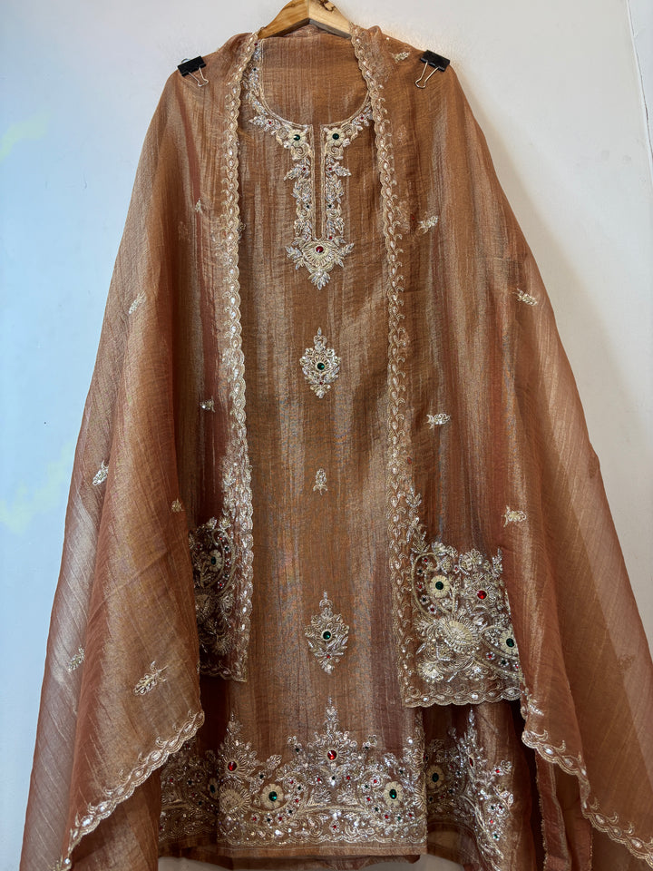 Zehra – Copper Brown Crush Tissue Handcrafted Suit