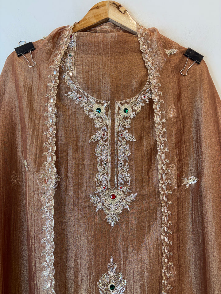 Zehra – Copper Brown Crush Tissue Handcrafted Suit