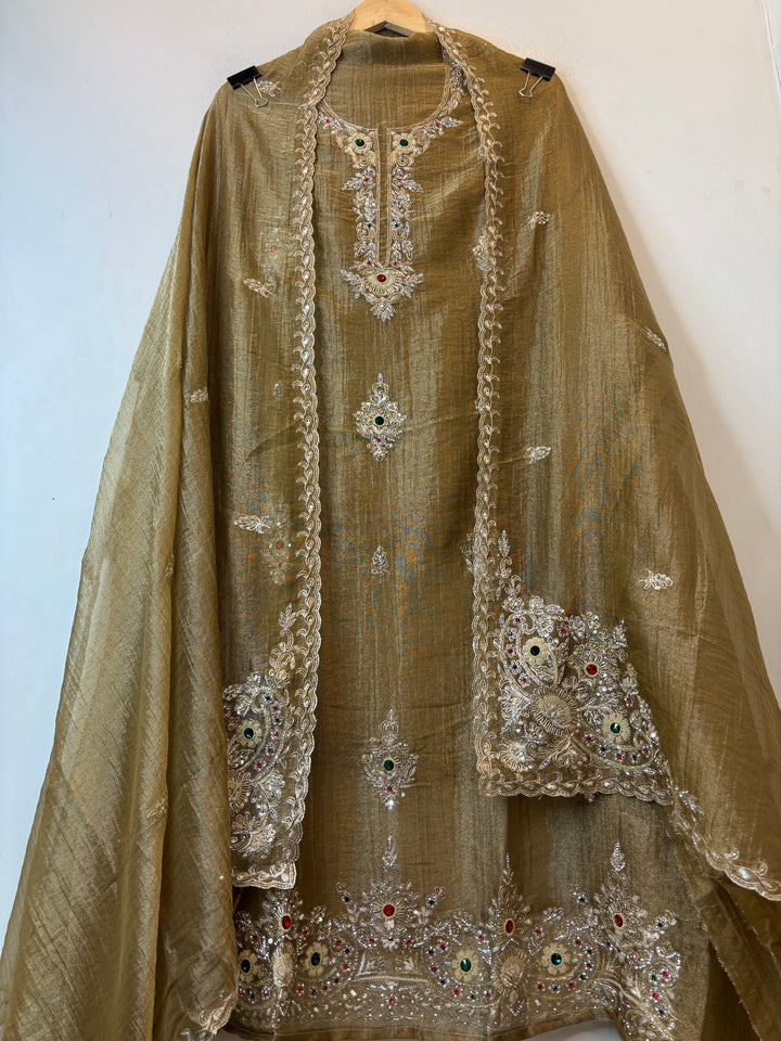 Zehra – Olive Gold Crush Tissue Handcrafted Suit