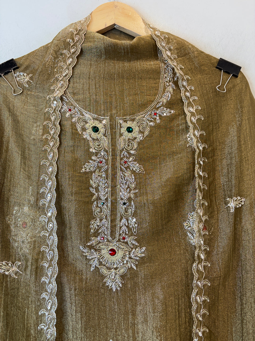 Zehra – Olive Gold Crush Tissue Handcrafted Suit