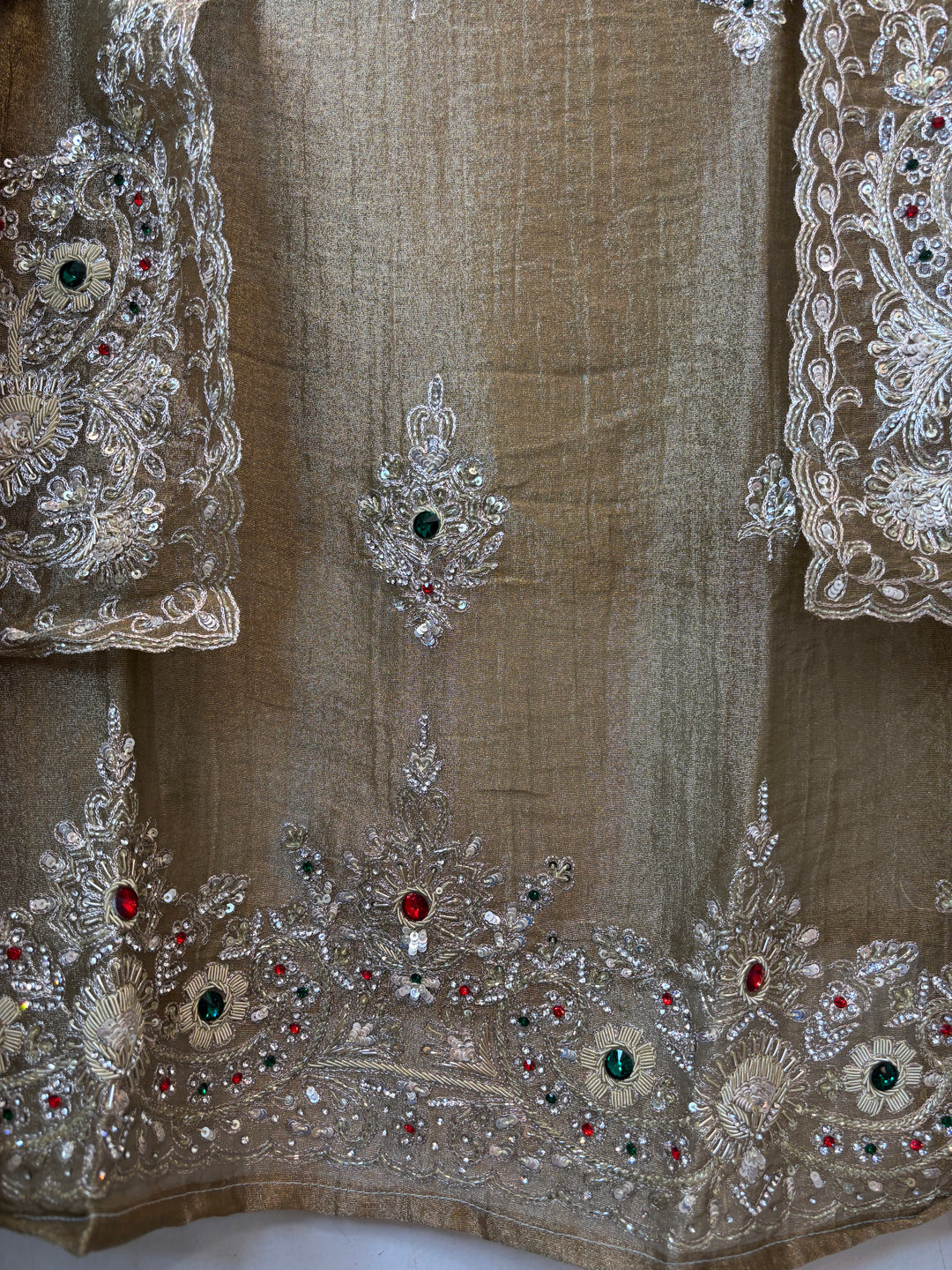 Zehra – Olive Gold Crush Tissue Handcrafted Suit