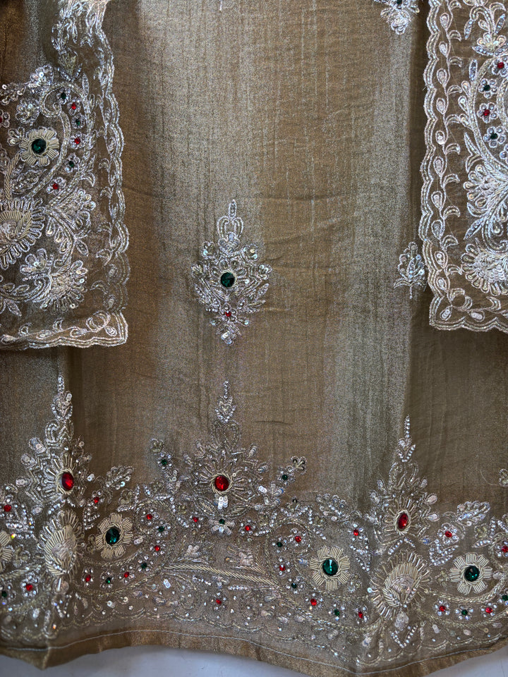 Zehra – Olive Gold Crush Tissue Handcrafted Suit