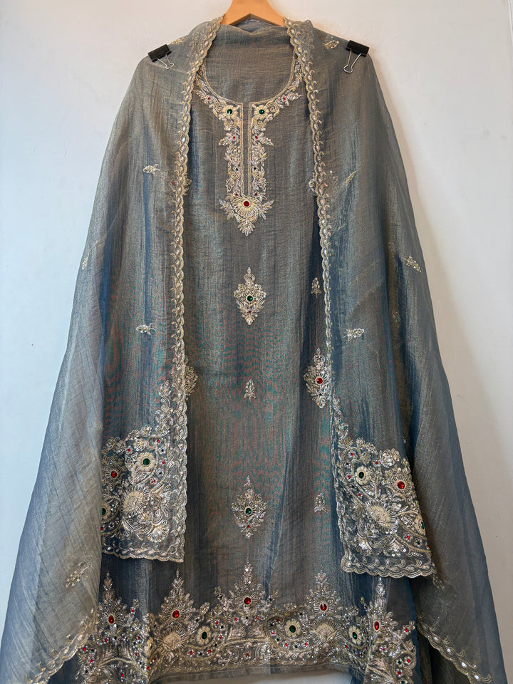 Zehra – Smoky Grey Crush Tissue Handcrafted Suit