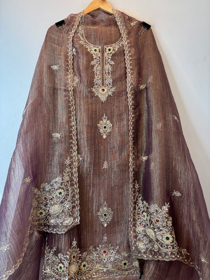 Zehra – Mauve Brown Crush Tissue Handcrafted Suit