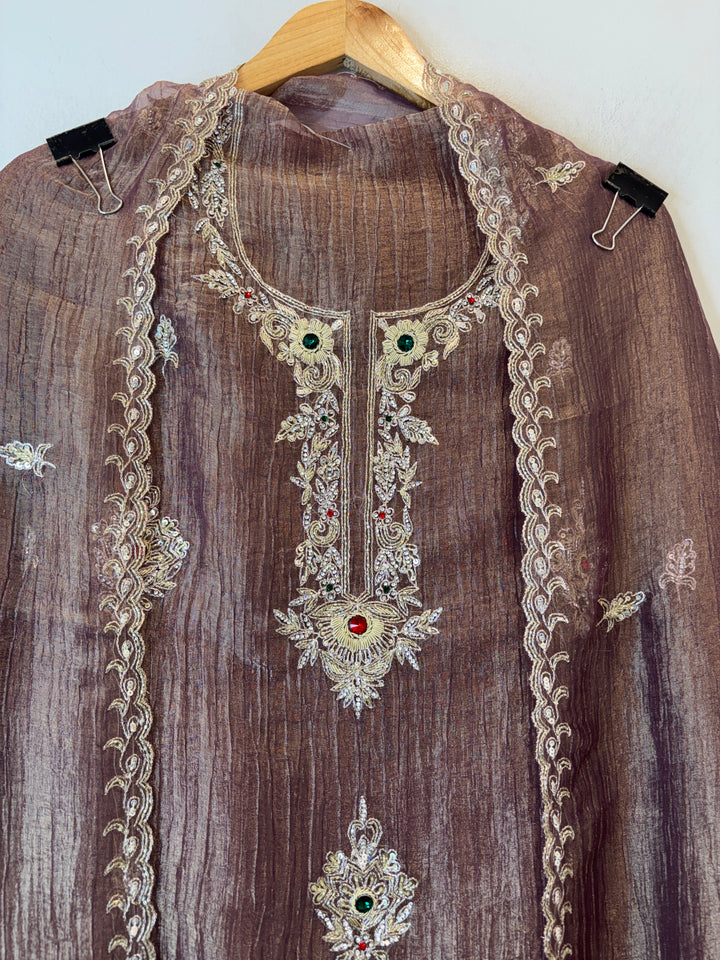 Zehra – Mauve Brown Crush Tissue Handcrafted Suit
