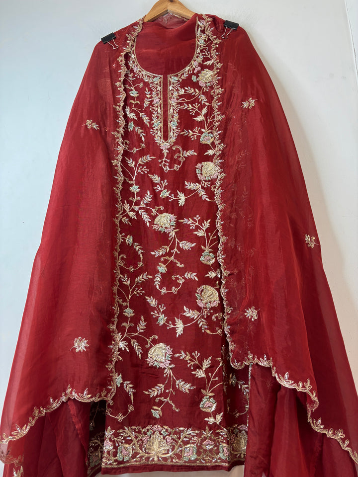 Zarina – Deep Rust Handcrafted Organza Luxury Suit
