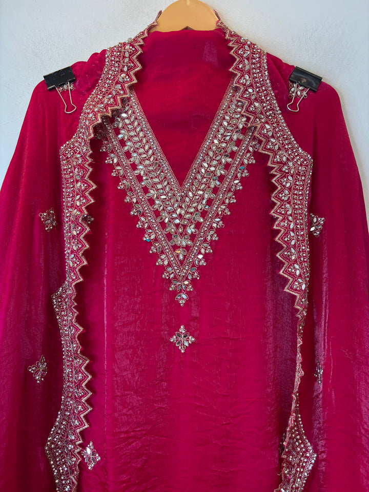 Nooraya – Rani Pink Glass Organza Mirror Work Suit