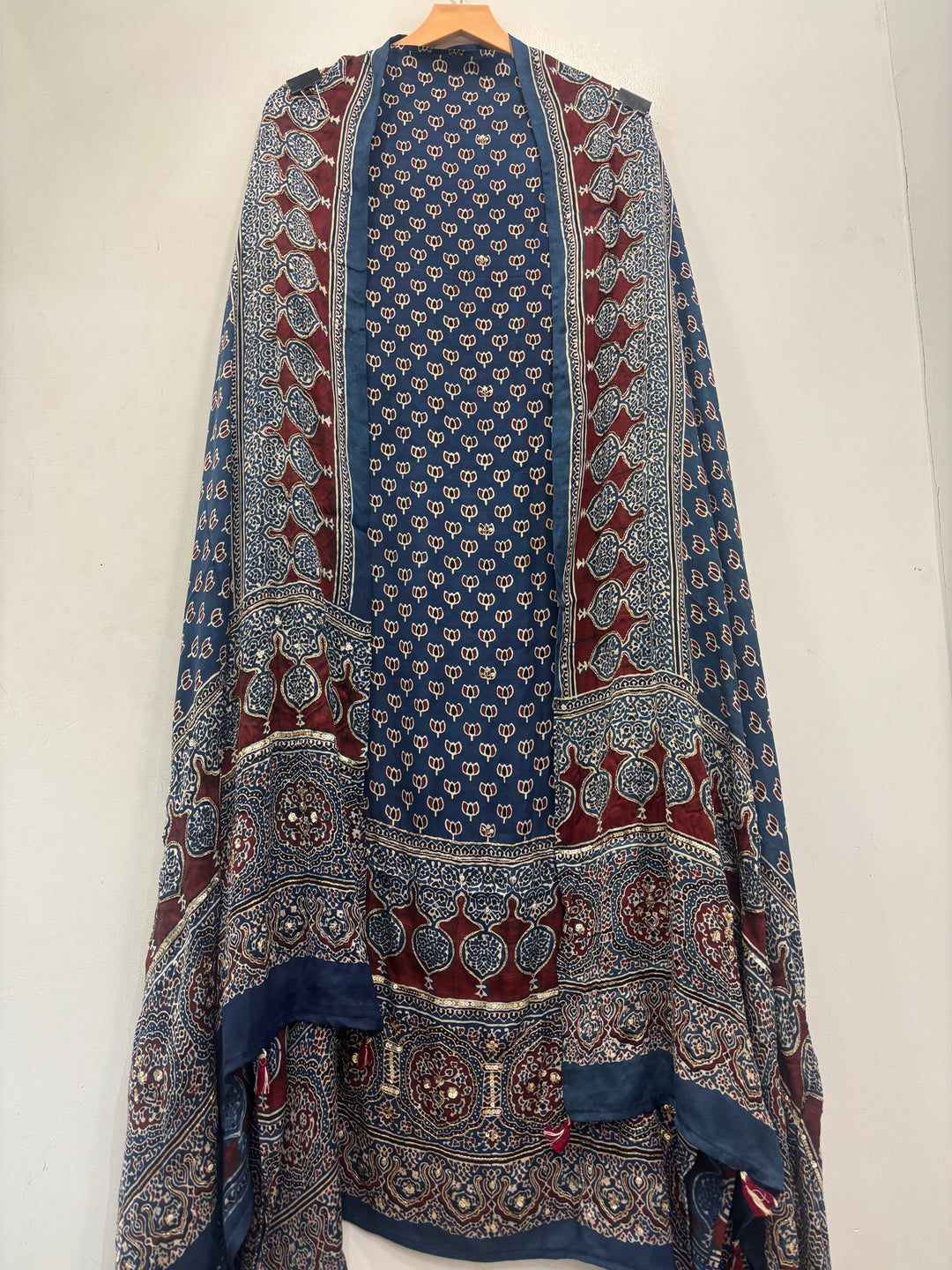 Blue Pure Ajrakh Modal Suit Set with Mirror &amp; Lotus Handwork