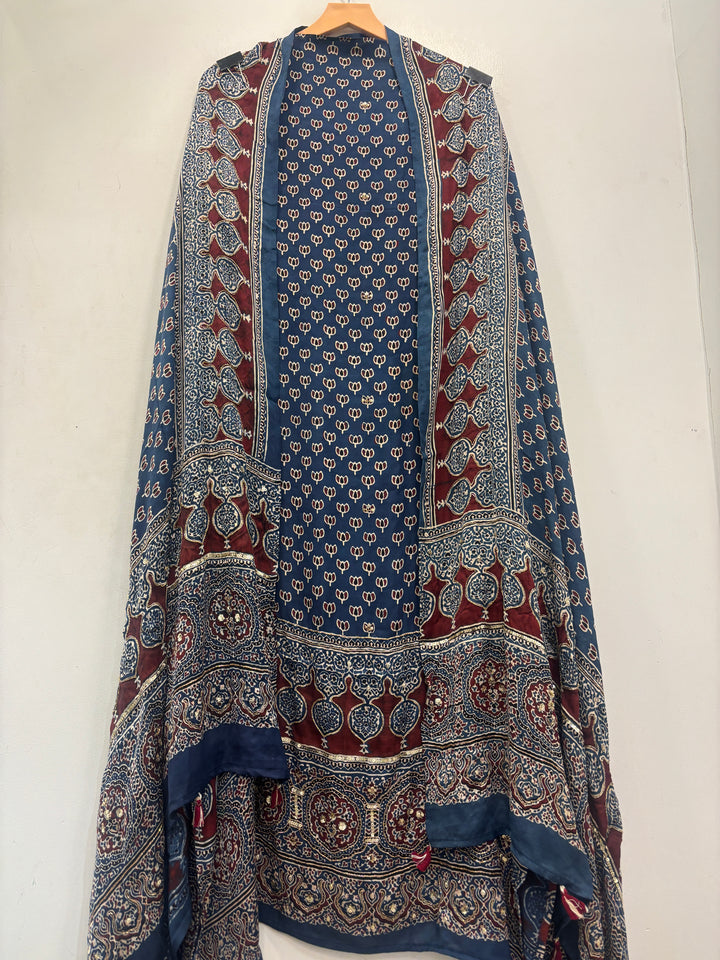 Blue Pure Ajrakh Modal Suit Set with Mirror &amp; Lotus Handwork