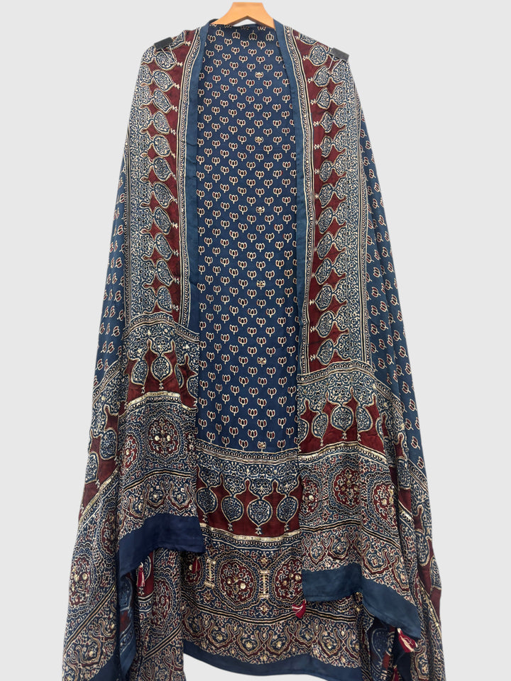 Blue Pure Ajrakh Modal Suit Set with Mirror &amp; Lotus Handwork