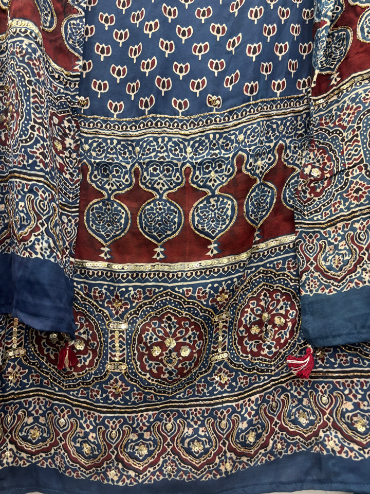 Blue Pure Ajrakh Modal Suit Set with Mirror &amp; Lotus Handwork