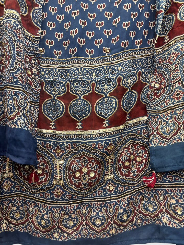 Blue Pure Ajrakh Modal Suit Set with Mirror &amp; Lotus Handwork