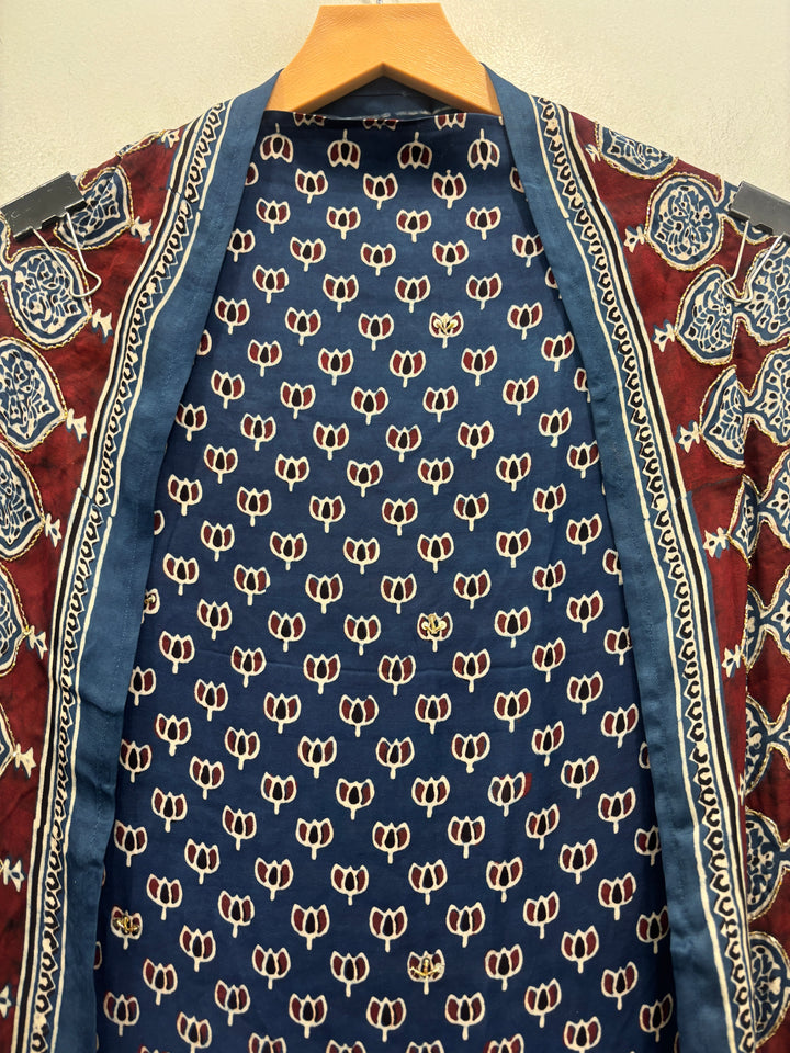 Blue Pure Ajrakh Modal Suit Set with Mirror &amp; Lotus Handwork