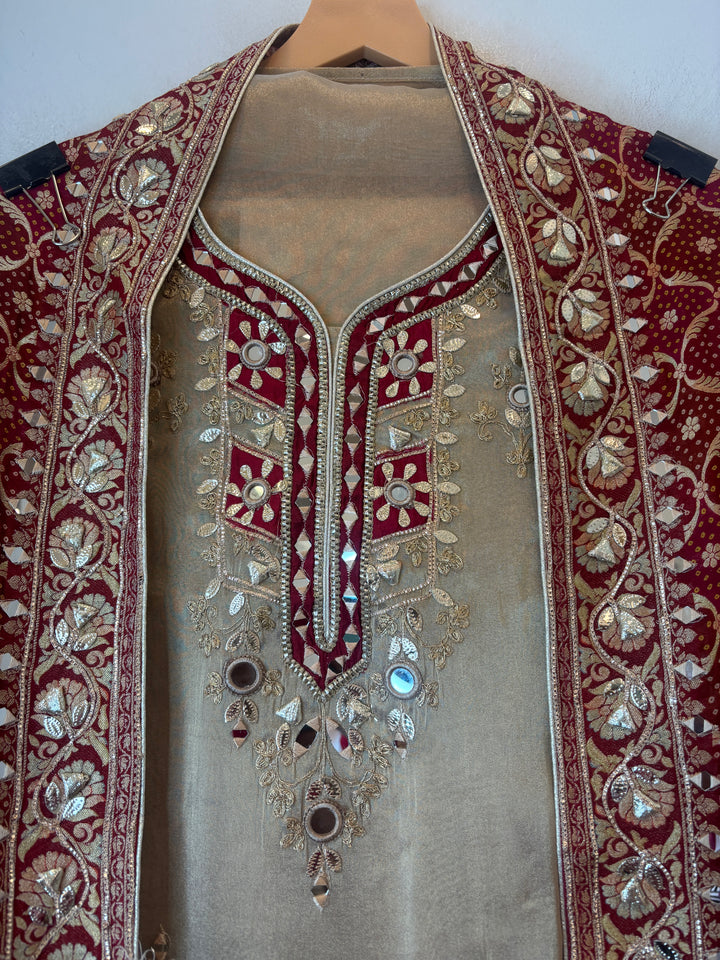 Mahira – Red Tissue Mirror &amp; Dori Semi-Stitched Suit