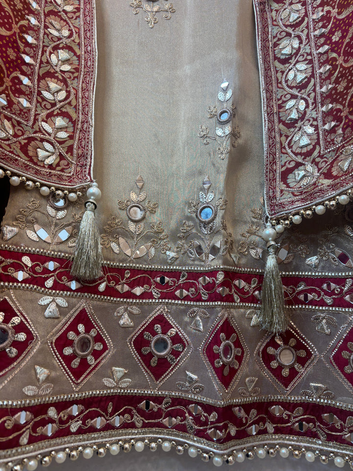 Mahira – Red Tissue Mirror &amp; Dori Semi-Stitched Suit