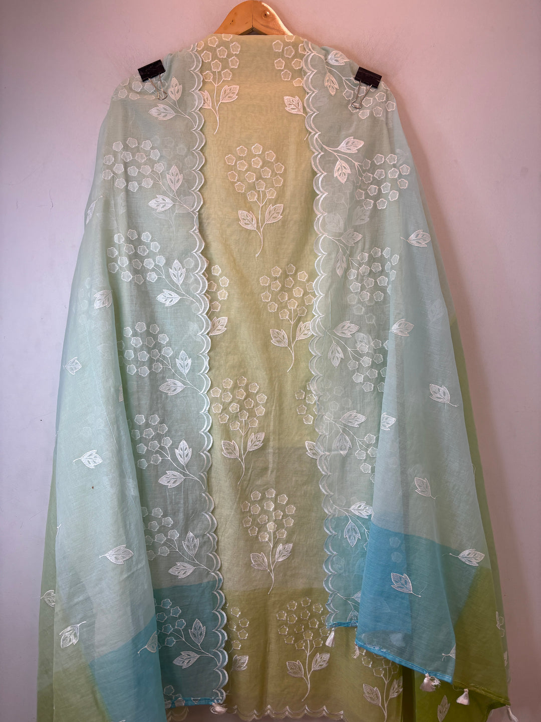 Zivara – Yellow with Blue Mul Chanderi Ombre Appliqué Work Unstitched Suit