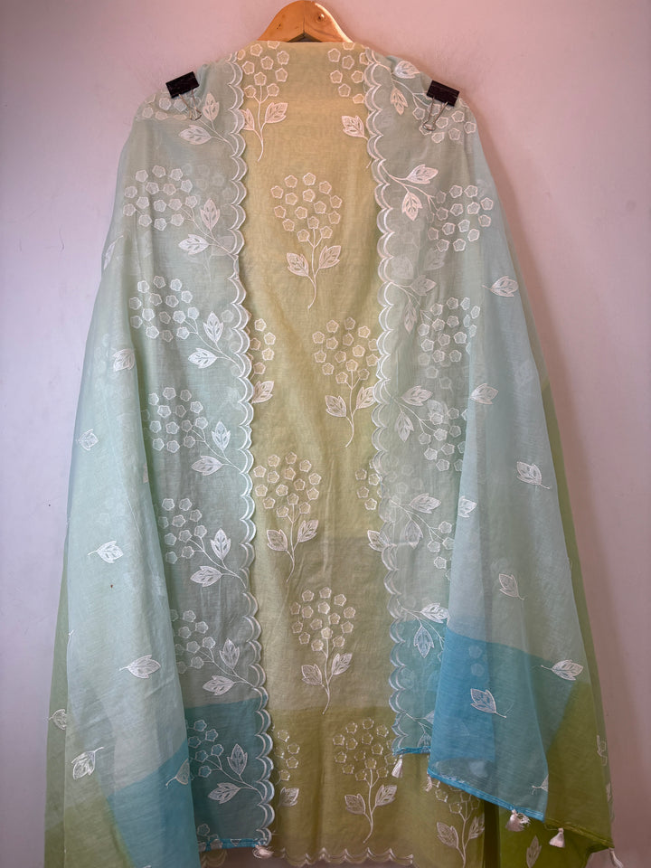 Zivara – Yellow with Blue Mul Chanderi Ombre Appliqué Work Unstitched Suit