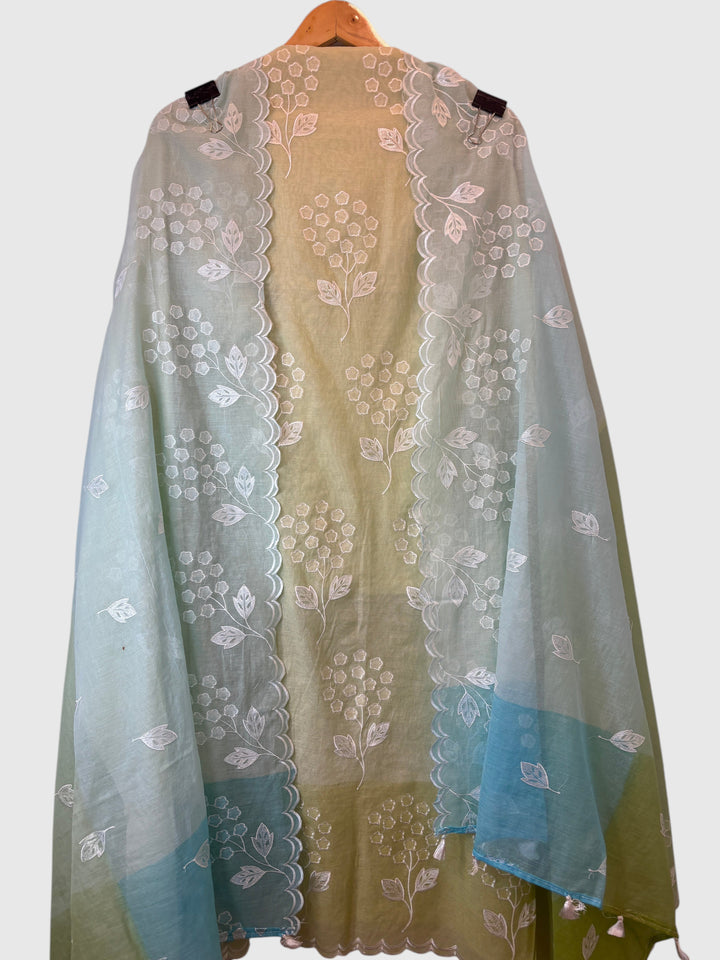 Zivara – Yellow with Blue Mul Chanderi Ombre Appliqué Work Unstitched Suit
