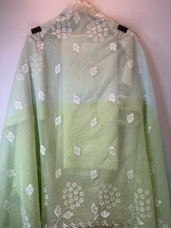 Zivara – Yellow with Blue Mul Chanderi Ombre Appliqué Work Unstitched Suit