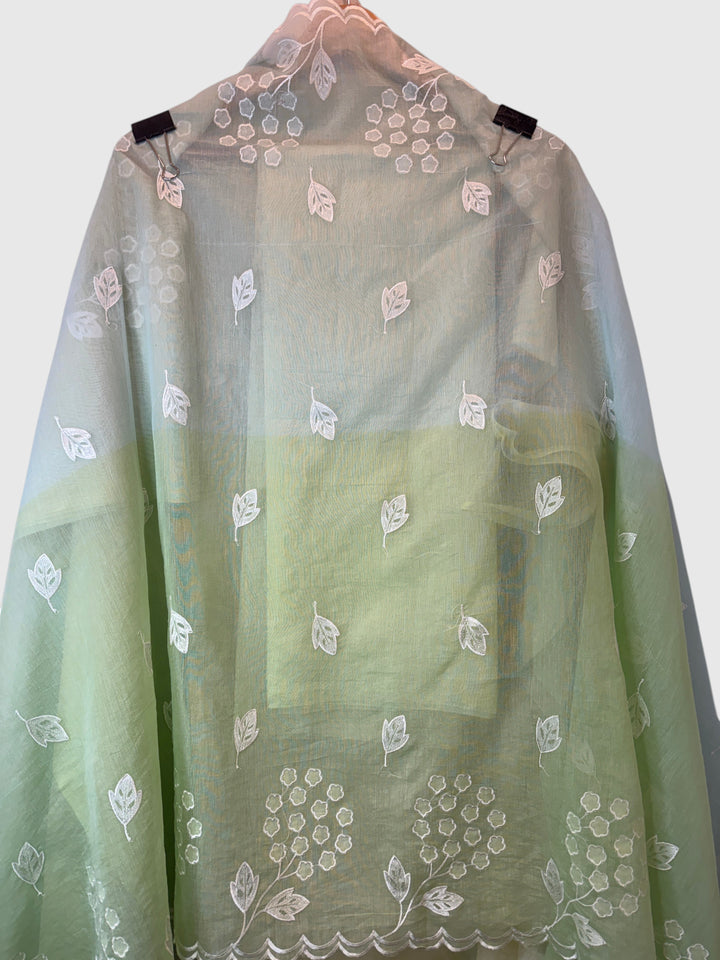 Zivara – Yellow with Blue Mul Chanderi Ombre Appliqué Work Unstitched Suit
