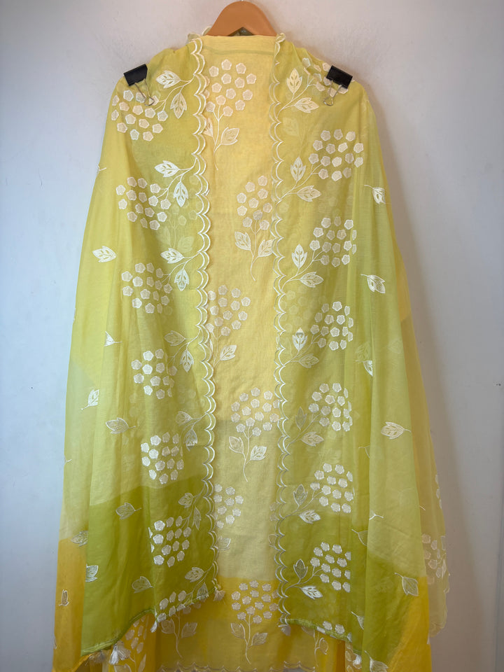 Zivara – Yellow Mul Chanderi Ombre Appliqué Work Unstitched Suit