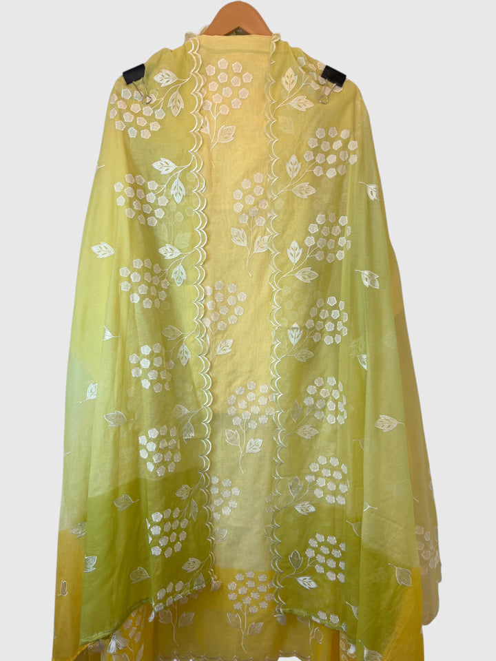 Zivara – Yellow Mul Chanderi Ombre Appliqué Work Unstitched Suit
