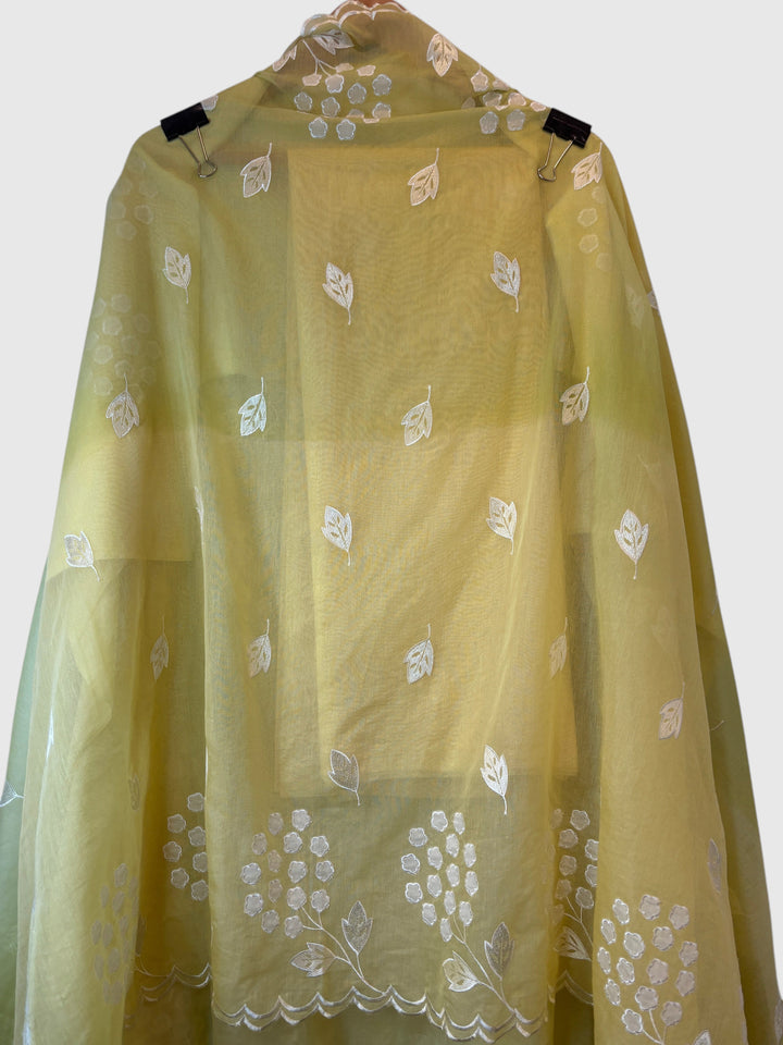 Zivara – Yellow Mul Chanderi Ombre Appliqué Work Unstitched Suit