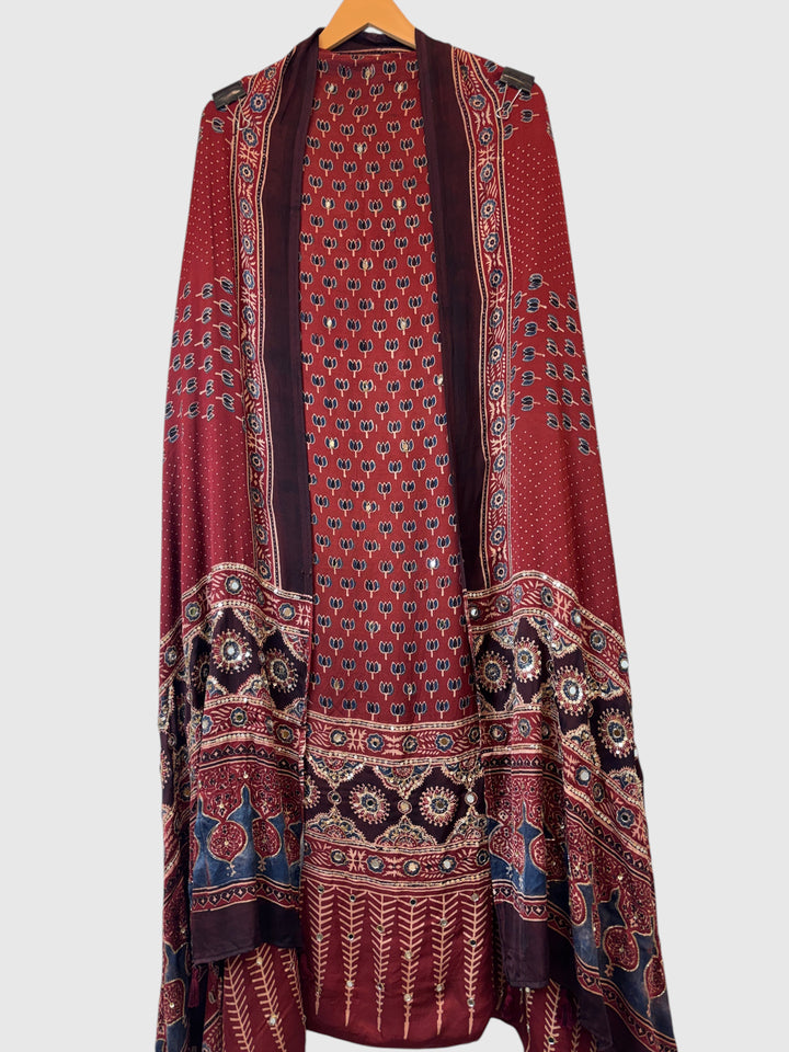 Deep Maroon Pure Ajrakh Modal Suit Set with Mirror &amp; Lotus Handwork