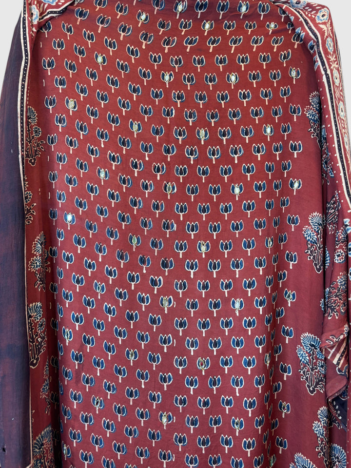 Deep Maroon Pure Ajrakh Modal Suit Set with Mirror &amp; Lotus Handwork