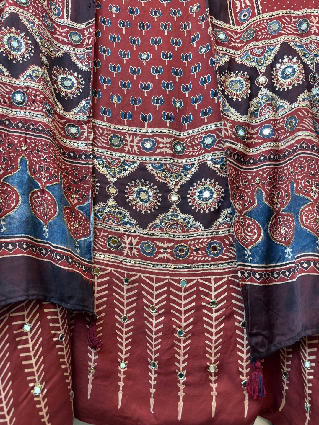 Deep Maroon Pure Ajrakh Modal Suit Set with Mirror &amp; Lotus Handwork