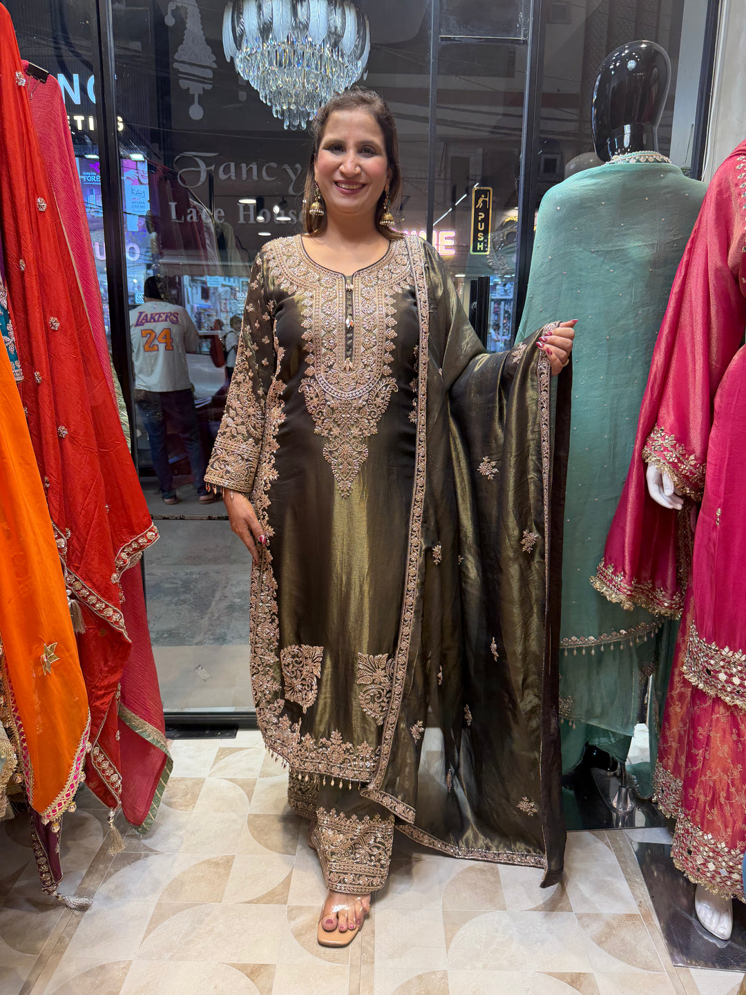 Zarisha – Greyish Green Tissue Heavy Beadwork Suit