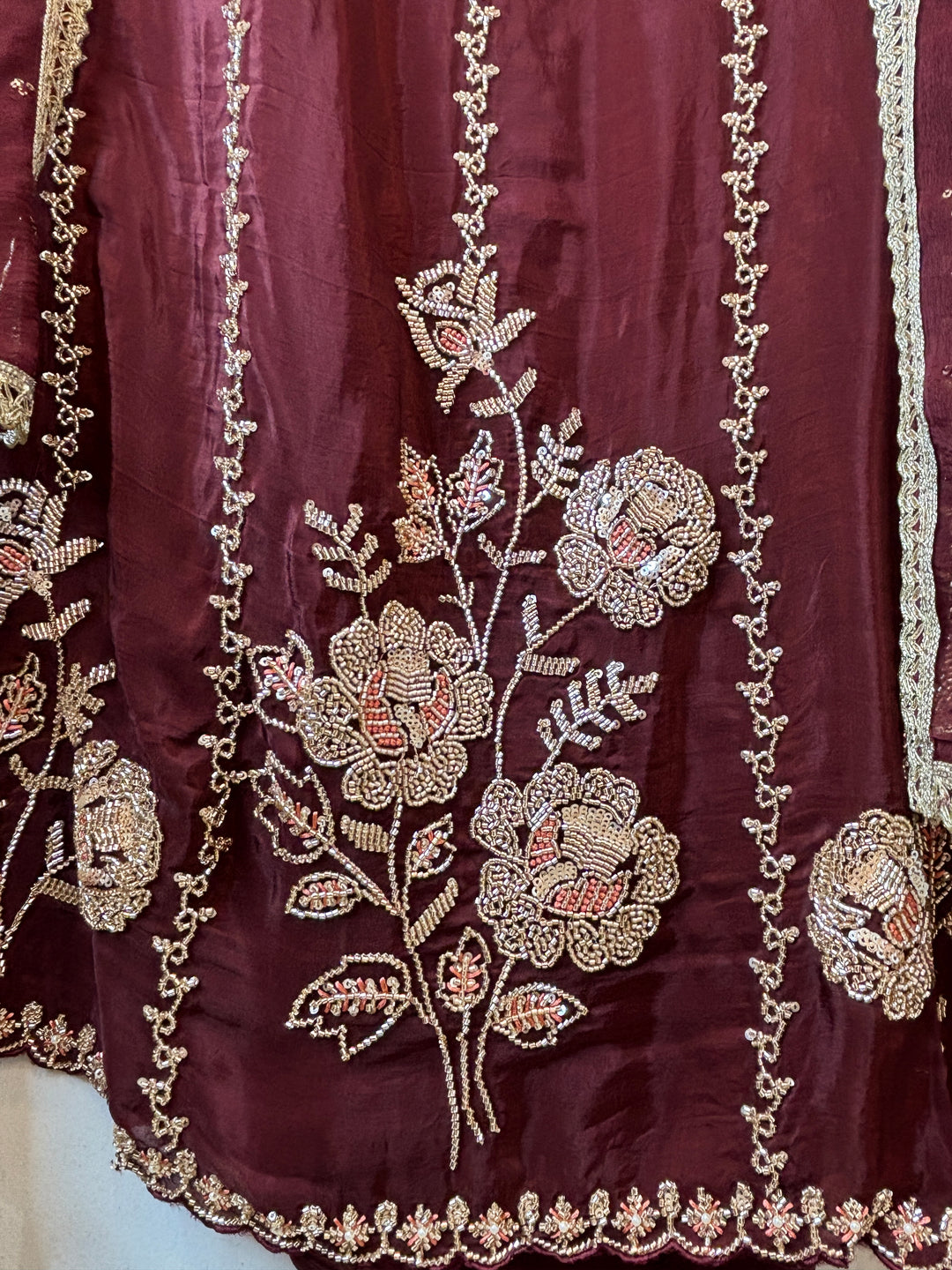 Aaira – Wine Burgundy Silk Organza Handwork Suit