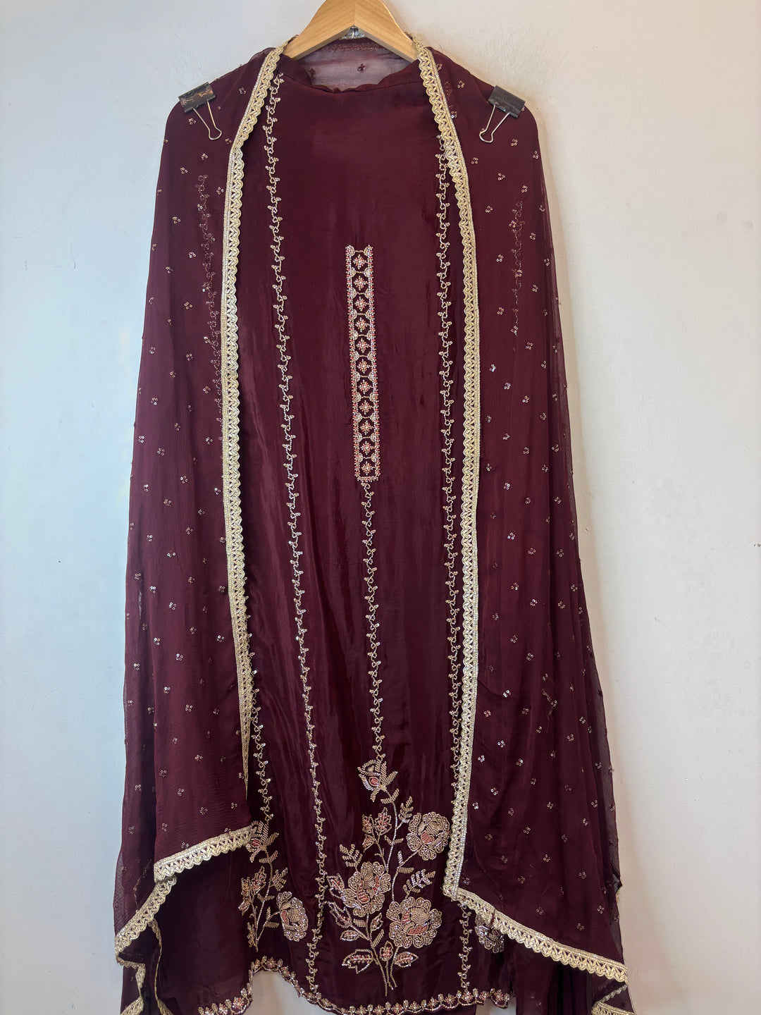Aaira – Wine Burgundy Silk Organza Handwork Suit