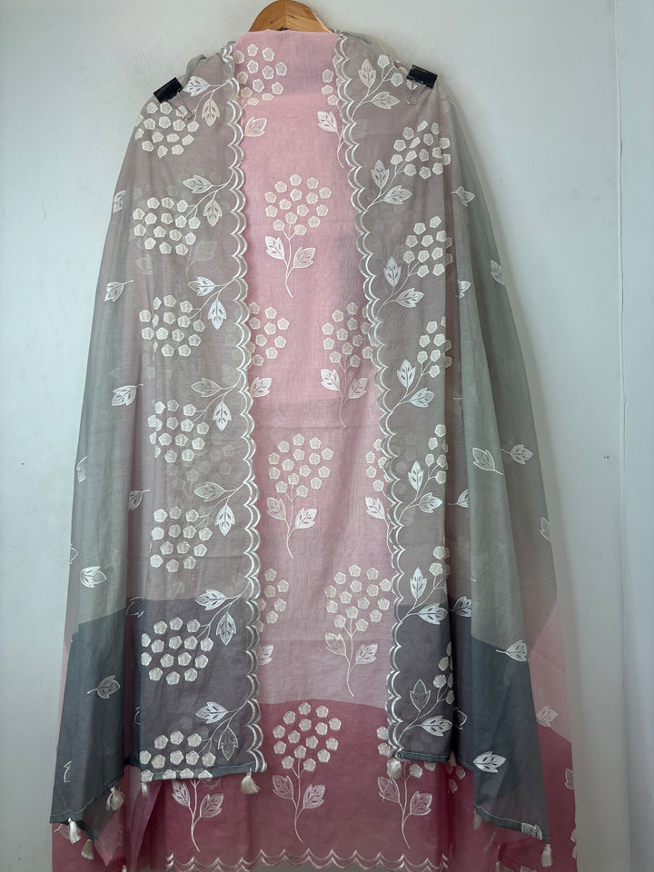 Zivara – Pink with Grey Mul Chanderi Ombre Appliqué Work Unstitched Suit