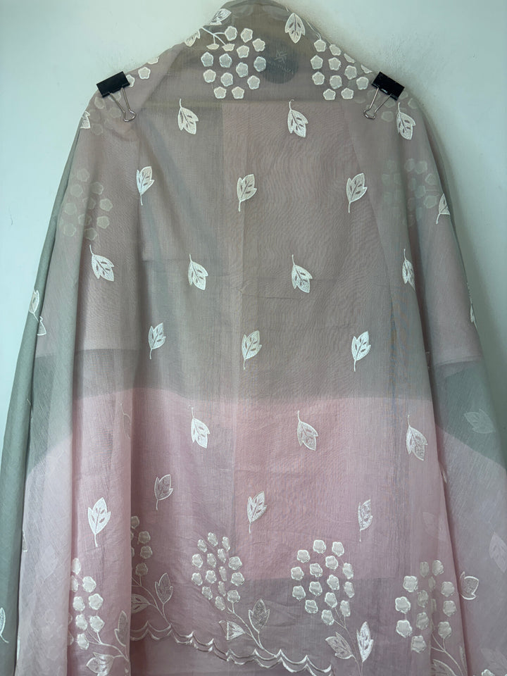 Zivara – Pink with Grey Mul Chanderi Ombre Appliqué Work Unstitched Suit