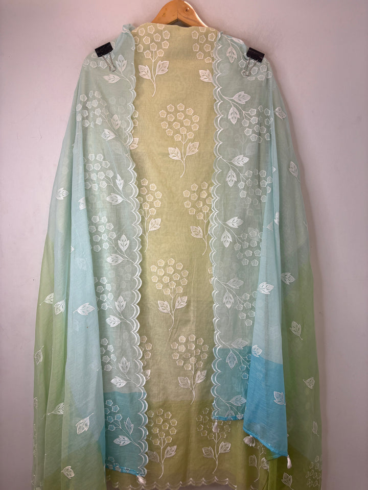 Zivara – Yellow with Blue Mul Chanderi Ombre Appliqué Work Unstitched Suit