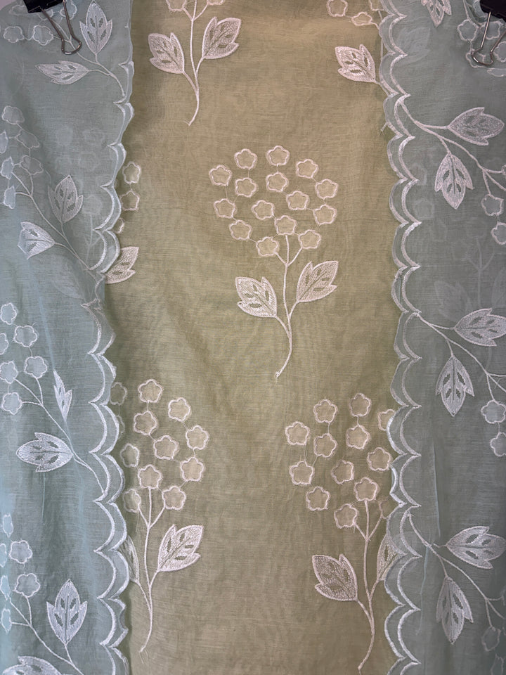 Zivara – Yellow with Blue Mul Chanderi Ombre Appliqué Work Unstitched Suit