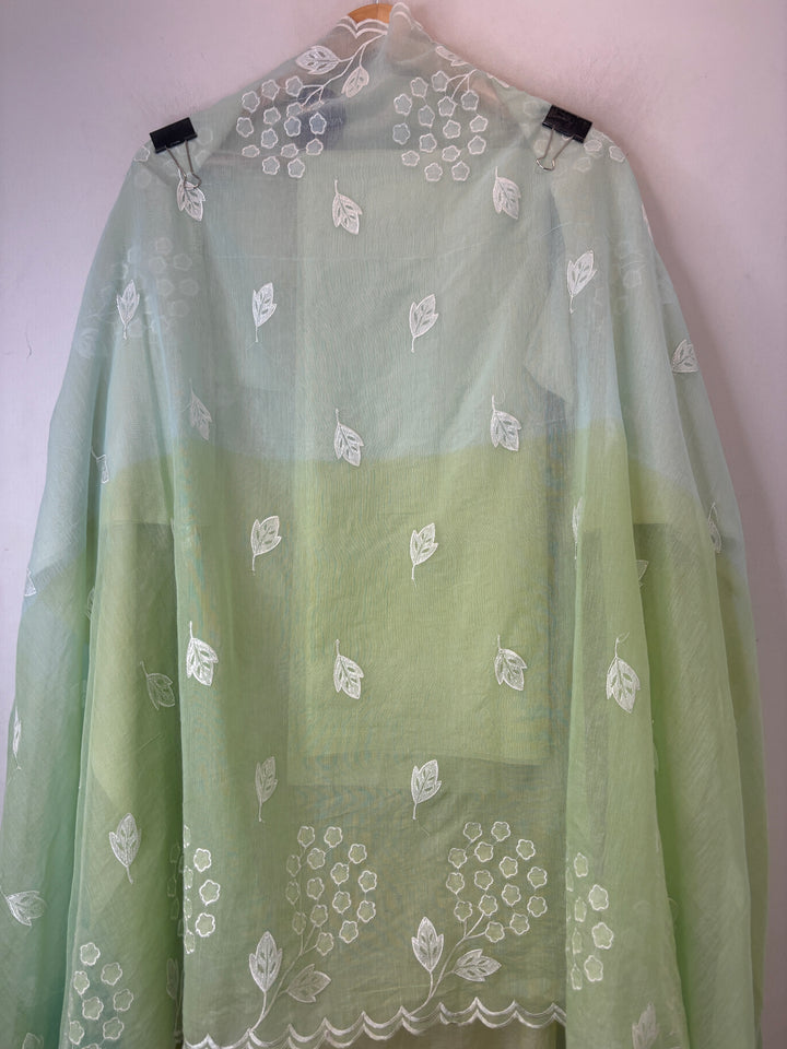 Zivara – Yellow with Blue Mul Chanderi Ombre Appliqué Work Unstitched Suit