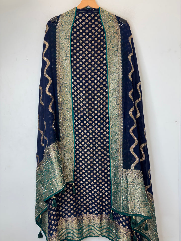Mahira – Blue Pure Khadi Georgette Leheriya Suit