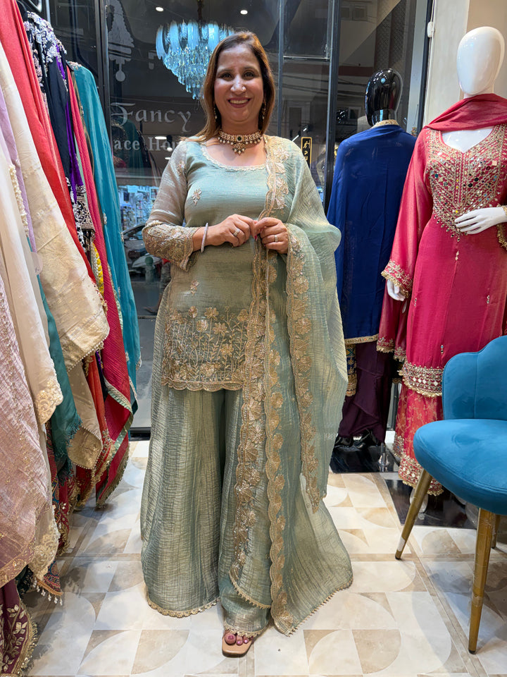 Zarvella – Blue Crushed Tissue Sharara Set