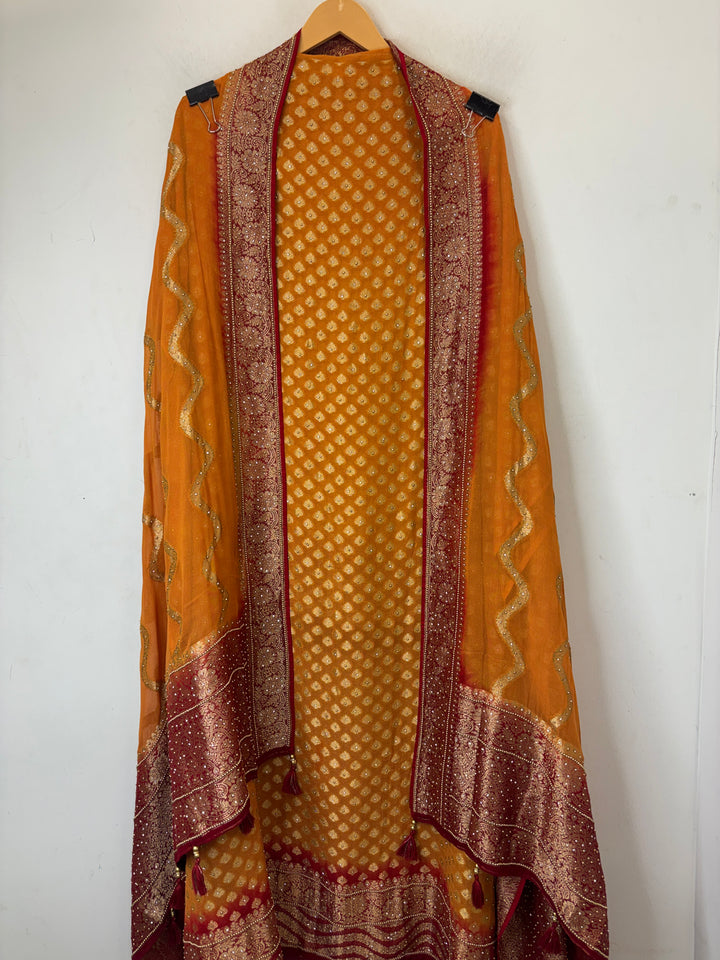 Mahira – Mustard Yellow Pure Khadi Georgette Leheriya Suit