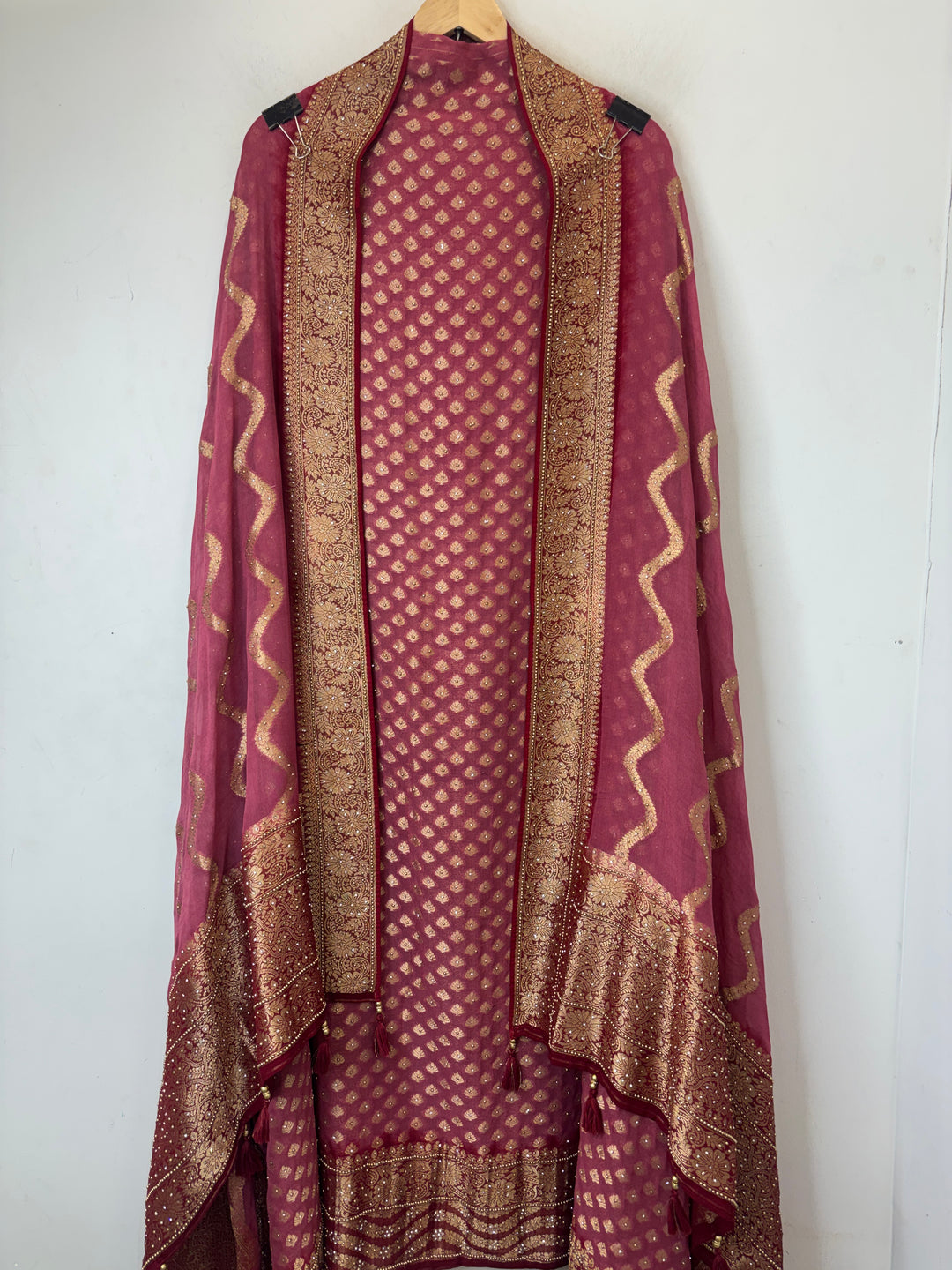 Mahira – Maroon Pure Khadi Georgette Leheriya Suit