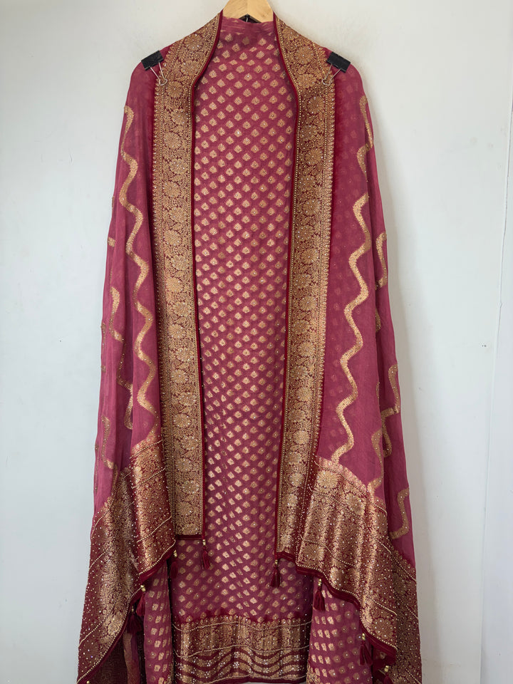 Mahira – Maroon Pure Khadi Georgette Leheriya Suit