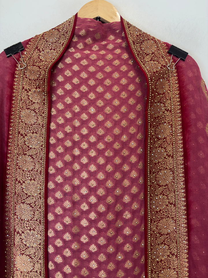 Mahira – Maroon Pure Khadi Georgette Leheriya Suit