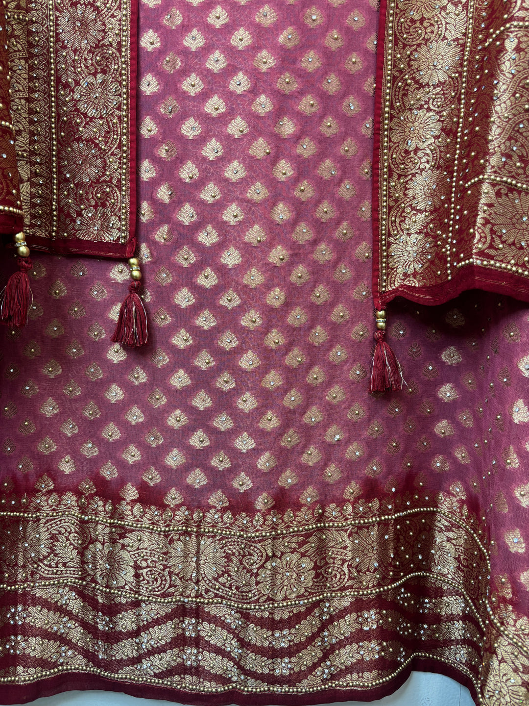 Mahira – Maroon Pure Khadi Georgette Leheriya Suit