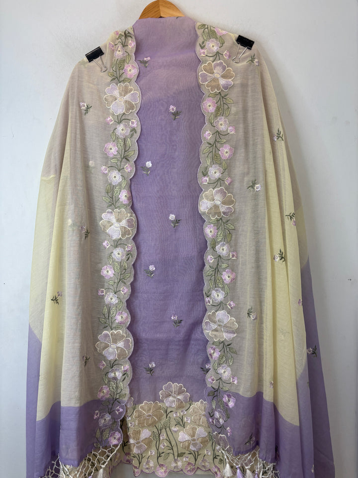 Aanya – Lavender with Yellow Mul Chanderi Ombre Appliqué Suit