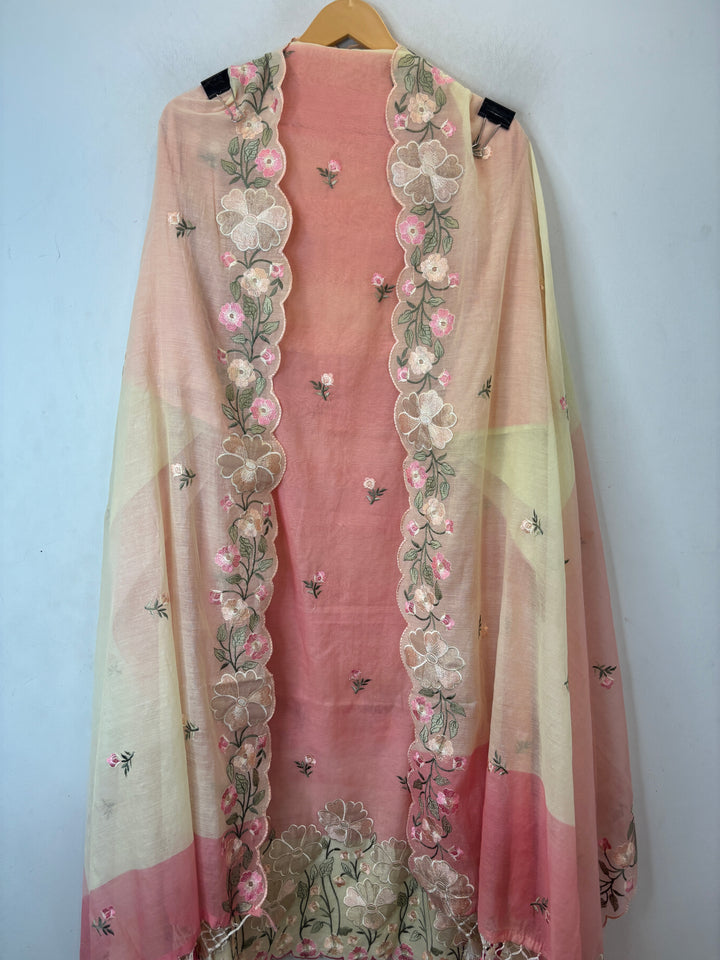 Aanya – Peach with Yellow Mul Chanderi Ombre Appliqué Suit