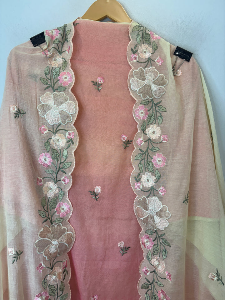 Aanya – Peach with Yellow Mul Chanderi Ombre Appliqué Suit