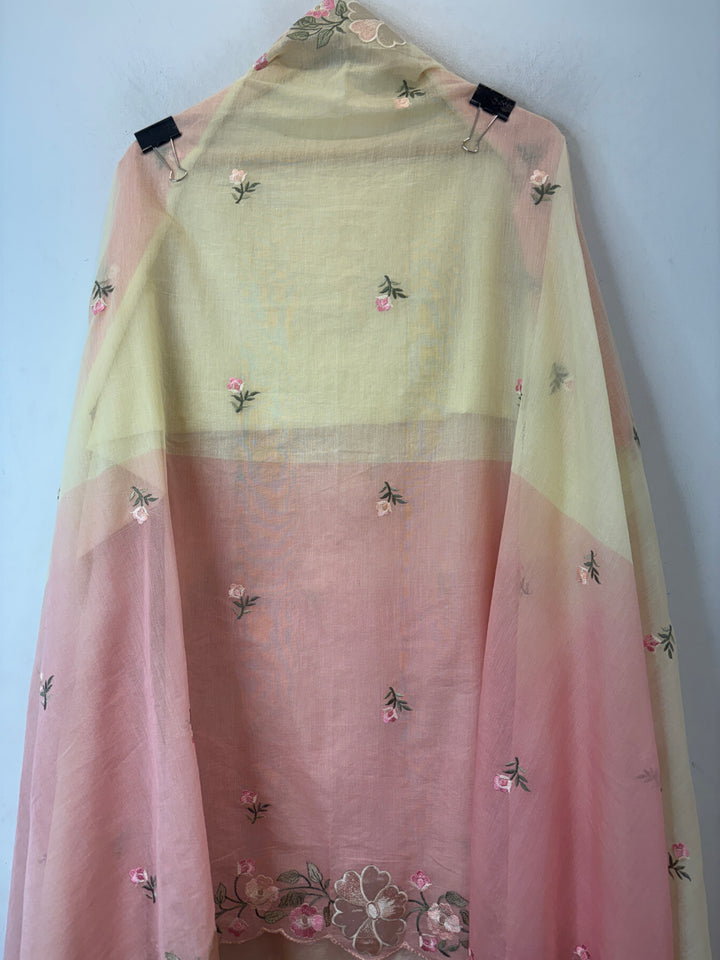 Aanya – Peach with Yellow Mul Chanderi Ombre Appliqué Suit