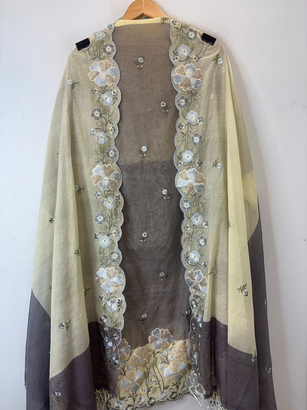 Aanya – Grey with Yellow Mul Chanderi Ombre Appliqué Suit